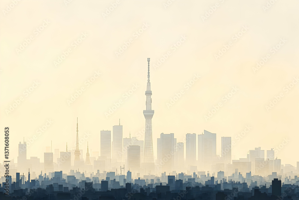 Fototapeta premium Illustrative Skyline of Distant City Buildings under a Pale and