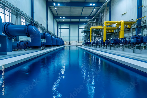 Industrial Water Treatment Plant Interior Blue Pipes and Structures Photo
