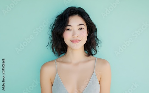 Woman in light gray dress smiling gently against a pastel mint background, high-end lifestyle portrait, elegant fashion style