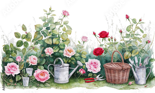 Watercolor Illustration of Rose Garden Border with Blooming Roses, Watering Cans, Basket and Gardening Tools