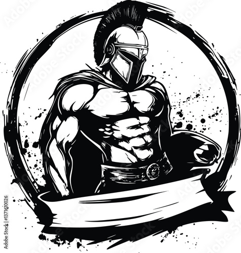 Vector of a Trojan Warrior in Stoic Grunge Art Style with Space for Text Banner at the Bottom