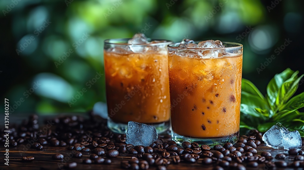 On a wooden table, two iced coffees sit with scattered ice cubes and coffee beans beside them, creating a refreshing and inviting scene. On a wooden table, two iced coffees sit with scattered ice cubes and coffee beans beside them, creating a refreshing and inviting scene.