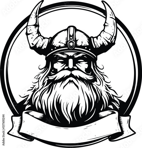 Vintage Viking Head in Black and White Circular Logo with Banner Space for Custom Text