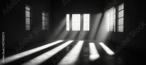 Light and Shadows in Prison Cell Bars on Imprisoned Convict