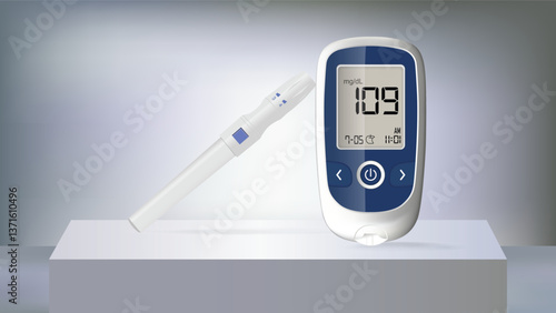 Realistic blood glucose testing device with injection on a 3d stage