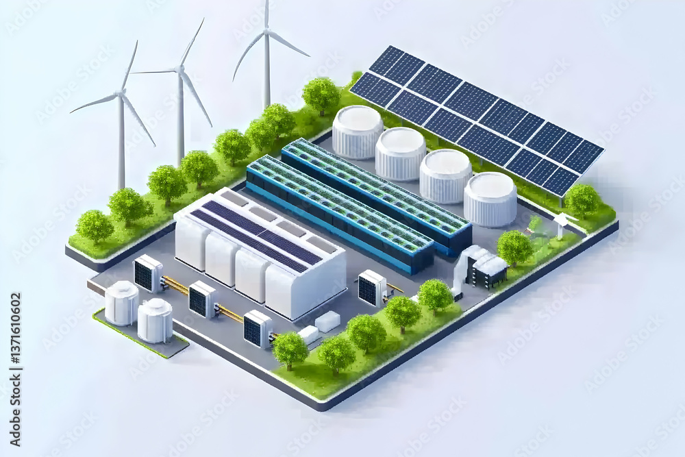 Isometric 3D Illustration Of Renewable Energy Plant With Solar Panels And Wind Turbines Isometric 3D Illustration Of Renewable Energy Plant With Solar Panels And Wind Turbines