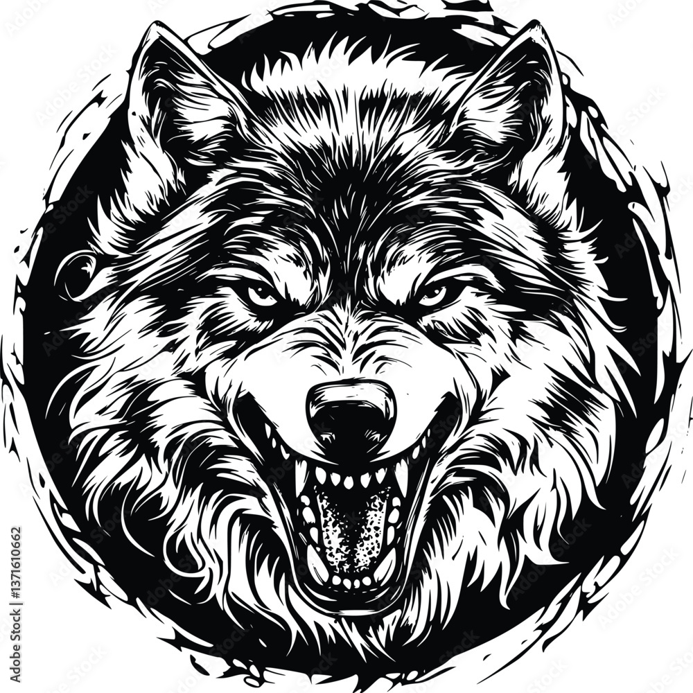 Fototapeta premium Head-on View of a Fierce Wolf in Black and White Grunge Style Vector Logo Design