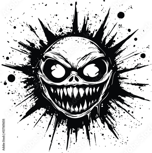 Mysterious Grunge-Style Creature with Freaky, Weird Smile in Black Abstract Splash Vector Art
