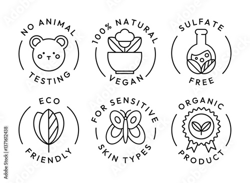 Eco cosmetics icon. Organic natural products alcohol, paraben and gluten free line icons for packaging. Stamps and badges vector set. Non toxic, no animal testing, for all skin types