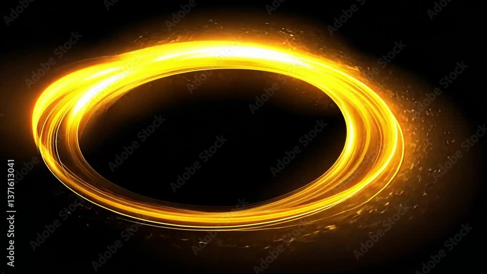 Captivating glowing golden ring of light swirls gracefully against dark background, evoking mesmerizing sense of energy and movement in this stunning visual experience. Captivating glowing golden ring of light swirls gracefully against dark background, evoking mesmerizing sense of energy and movement in this stunning visual experience.
