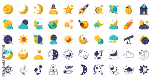 Set of moon vector icons with a white background