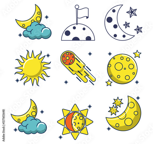 Set of moon vector icons with a white background