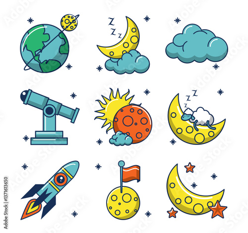 Set of moon vector icons with a white background