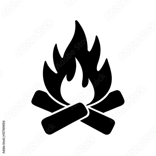 Minimalist black and white silhouette campfire icon with burning logs in vector style