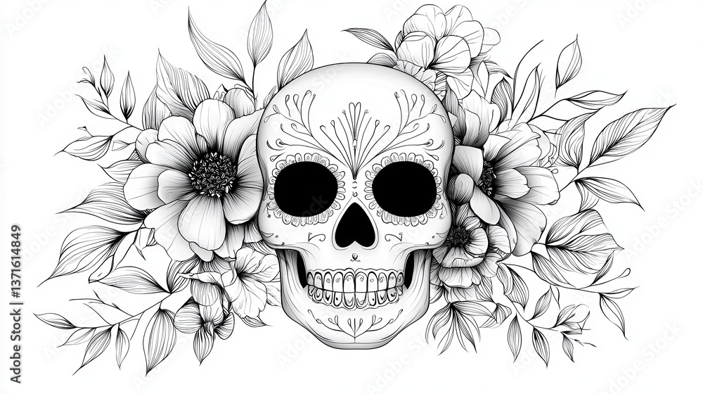 Fototapeta premium Floral sugar skull illustration, perfect for Day of the Dead celebrations. Black and white drawing.