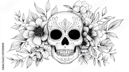 Floral sugar skull illustration, perfect for Day of the Dead celebrations. Black and white drawing.