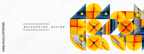 Geometric abstract composition with intersecting shapes, circles, triangles, and gradients, blending vibrant colors and dynamic contrasts to create a modern, futuristic visual design