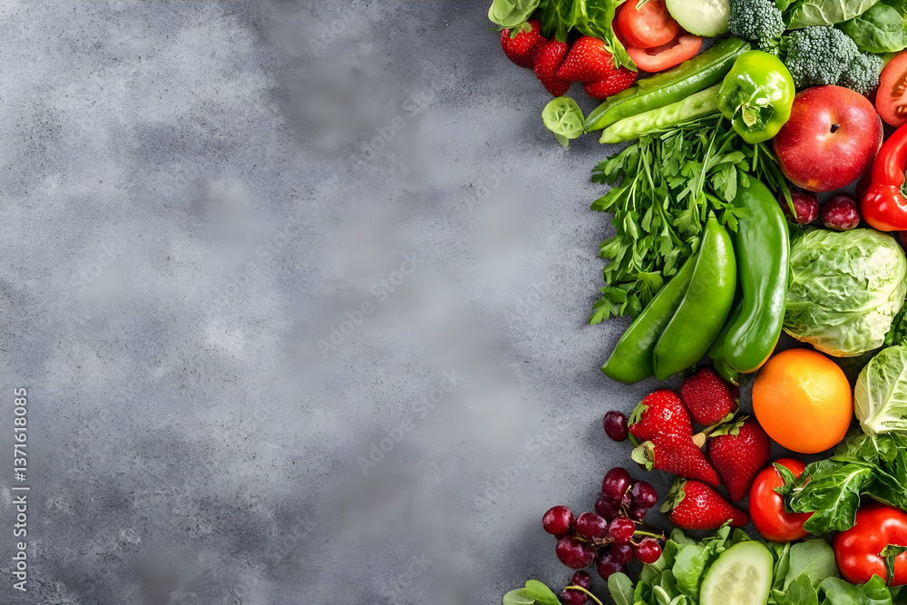 Photo of Assorted Fresh Vegetables and Fruits on a Gray Background Photo of Assorted Fresh Vegetables and Fruits on a Gray Background