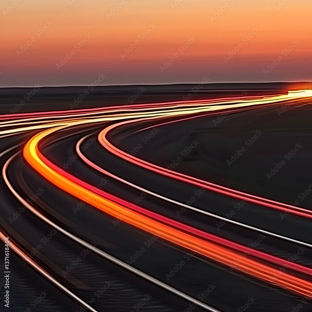Naklejka premium Photo of Light Trails Over Railroad Tracks at Sunset with Orange Sky