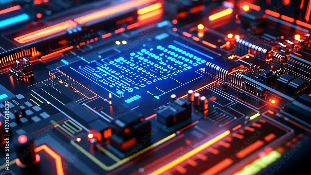 Close-up view of a futuristic circuit board with glowing elements and code, illustrating advanced technology in action Close-up view of a futuristic circuit board with glowing elements and code, illustrating advanced technology in action
