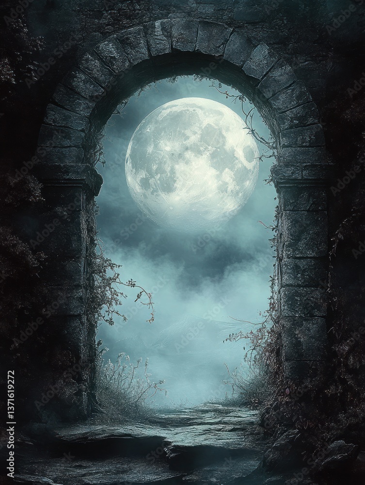 Gothic Ruins with Thorns and Fog at Night Gothic Ruins with Thorns and Fog at Night