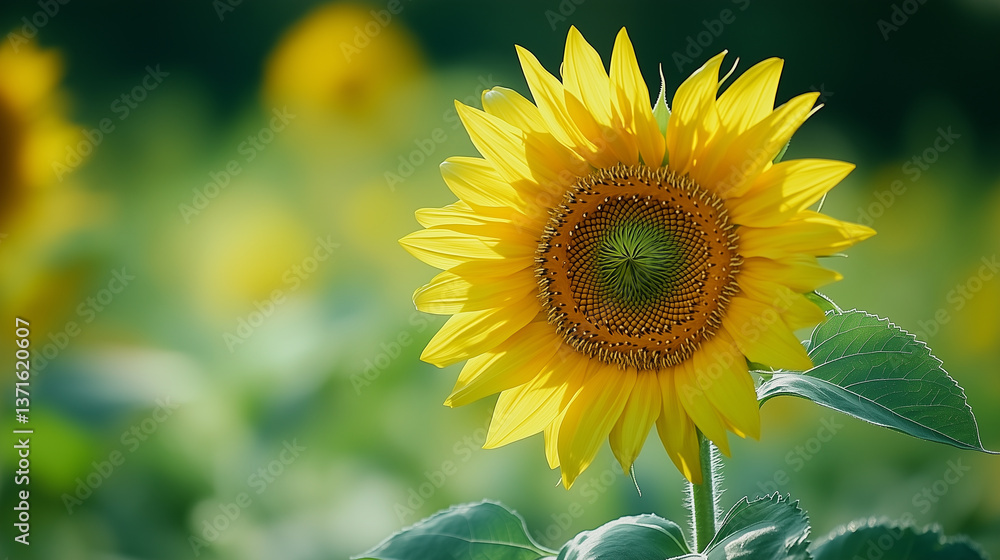 A vibrant sunflower in full bloom, with its golden petals and green leaves creating an enchanting scene of nature's beauty. The background is blurred to emphasize the focus on the flower A vibrant sunflower in full bloom, with its golden petals and green leaves creating an enchanting scene of nature's beauty. The background is blurred to emphasize the focus on the flower