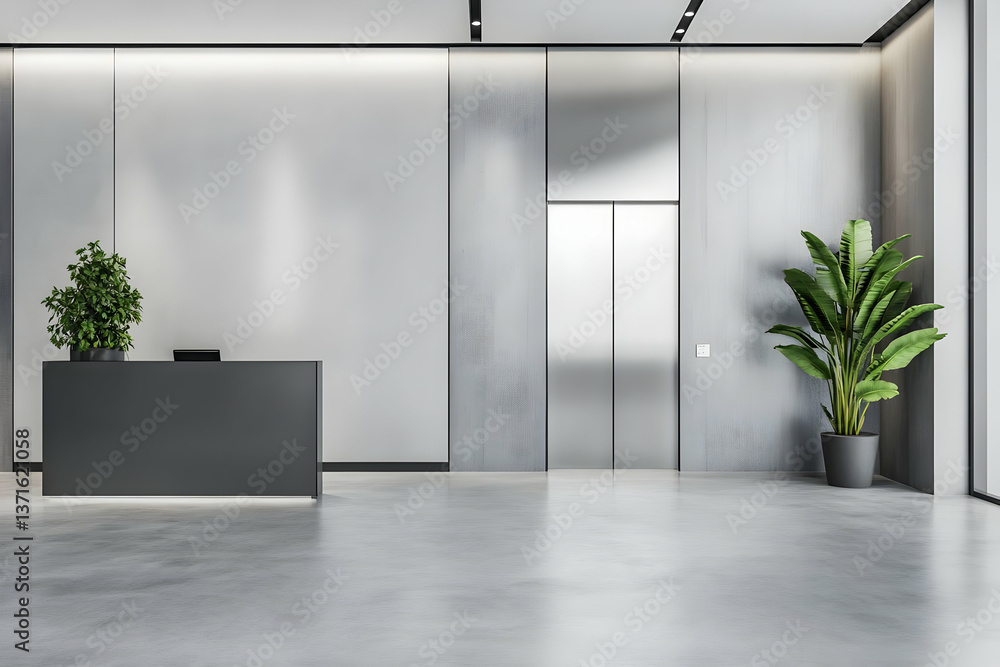 Photo of Modern Reception Interior with Minimalist Design and Plants Photo of Modern Reception Interior with Minimalist Design and Plants
