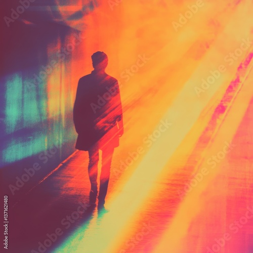Silhouette of a person walking down a corridor bathed in warm, orange and red light. The background is blurred and textured, adding to the mysterious atmosphere.