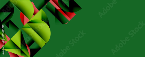 Abstract geometric background with layered gradient shapes forming dynamic patterns. Overlapping semi circles and triangles create depth and contrast