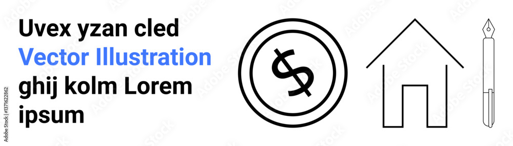 Dollar coin inside circular frame, simple house outline, and fountain pen. Ideal for finance, housing, writing, creativity, minimal design, business presentations abstract line flat metaphor Dollar coin inside circular frame, simple house outline, and fountain pen. Ideal for finance, housing, writing, creativity, minimal design, business presentations abstract line flat metaphor
