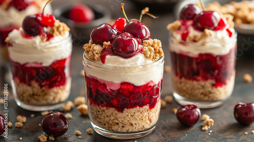 A refreshing dessert with cherries and granola in a glass