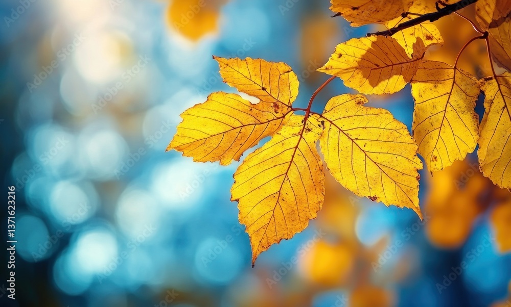 Fototapeta premium Golden Autumn Maple Leaves in Vibrant Yellow Against a Blurred Forest Background