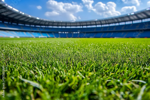 Photo Stadium Green Grass Field Blue Sky with Clouds Architecture Outdoor