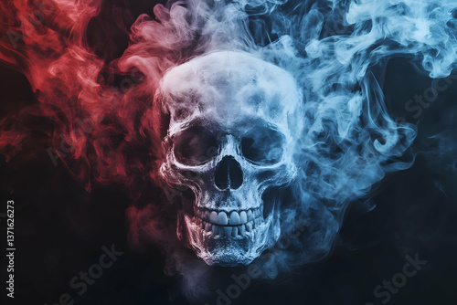 Realistic Photo Abstract Skull with Red and Blue Smoke on Black Background
