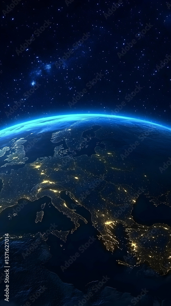 Naklejka premium Realistic Photo Of Earth From Space Showing City Lights At Night And