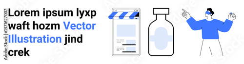 Smartphone marketplace app with transaction icons, medicine bottle, and a person using VR headset. Ideal for technology, e-commerce, innovation, healthcare, virtual experience, apps simple landing