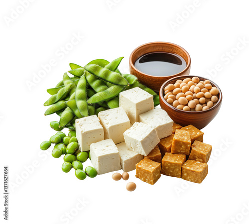 A group of edamame , tofu, tempeh, miso paste and group of soy products high proteins isolated on white background

