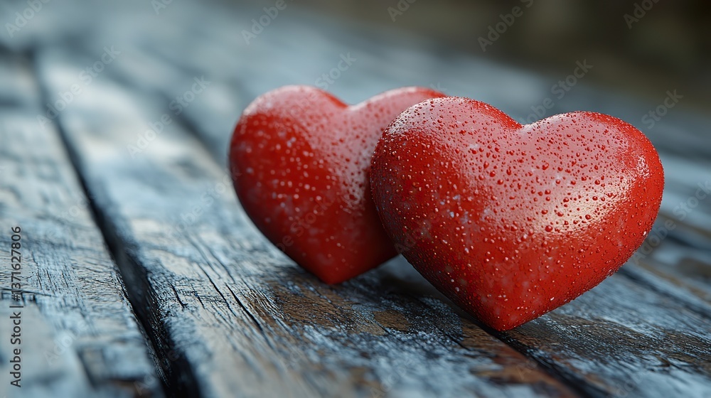 Obraz premium Representing love and affection perfect for Valentine's Day, Women's Day, or any romantic occasion, offering ample copy space for personalized messages, two red hearts lie on a gray wooden table.