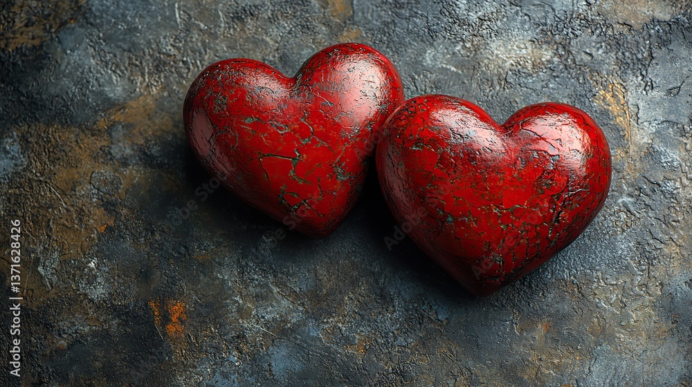 Fototapeta premium Representing love, affection, and Valentine's Day, creating a simple yet powerful symbol of romance and connection, two red hearts lie on a textured gray background.