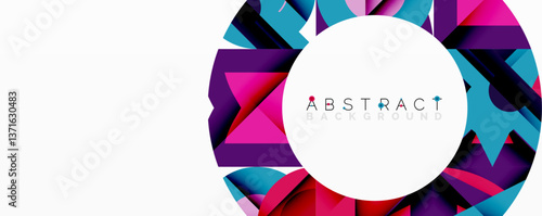 Abstract geometric composition with interlocking circular and angular shapes, featuring smooth gradients and sharp contrasts on a white background