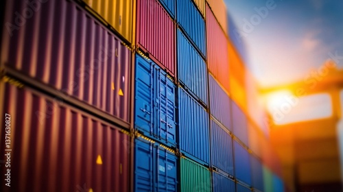 Stack of shipping containers representing global trade and logistics, symbolizing international commerce, import export, and supply chain management concepts.
