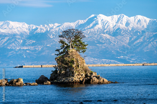 冬の雨晴海岸から眺める立山連峰