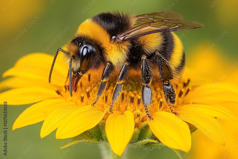 Macro shot of bee on a yellow flower collecting pollen Macro shot of bee on a yellow flower collecting pollen