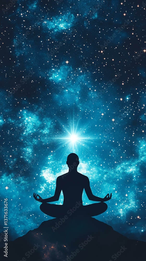 A serene silhouette of a person meditating under a stunning starry sky, symbolizing peace, mindfulness, and cosmic connection in the universe. A serene silhouette of a person meditating under a stunning starry sky, symbolizing peace, mindfulness, and cosmic connection in the universe.