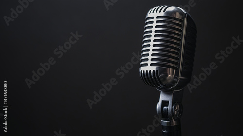 Close-up of a vintage silver microphone with a round shape and vertical metal grills, set against a black background. The microphone has a classic design 