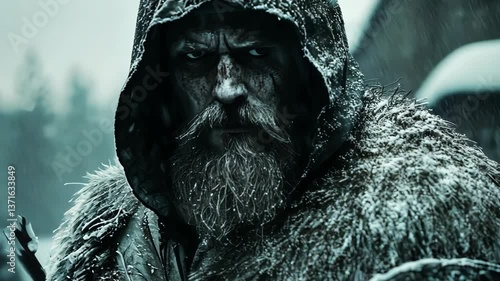 Hooded Viking in snowstorm with frozen intensity