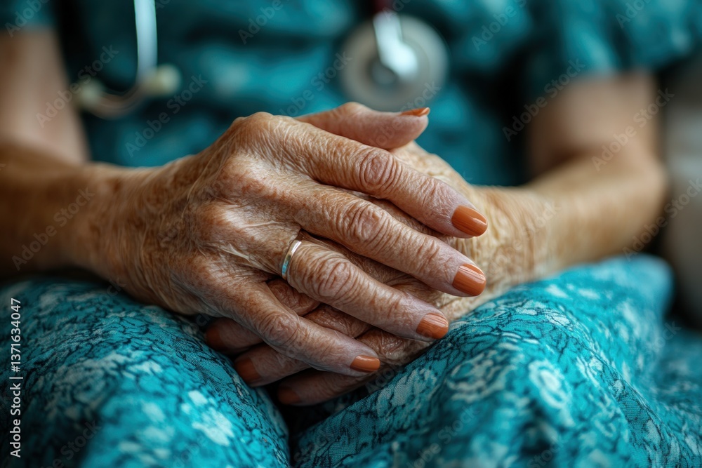 Fototapeta premium Compassionate Healthcare Scene Elderly Patient Care Geriatrician Doctor Hand Comforting Hospital Examination Room