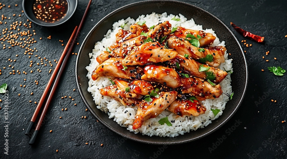 Delicious Teriyaki Chicken with Rice Bowl on a Dark Background Delicious Teriyaki Chicken with Rice Bowl on a Dark Background