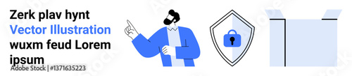Man gestures to shield with lock, symbolizing security, beside an open box. Ideal for data protection, cybersecurity, logistics, e-commerce, privacy, online safety flat landing page banner