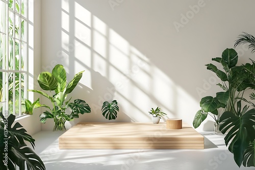 A tranquil room setting showcasing a wooden base encircled by plants and a sunlit area focusing on serenity and minimal design  
